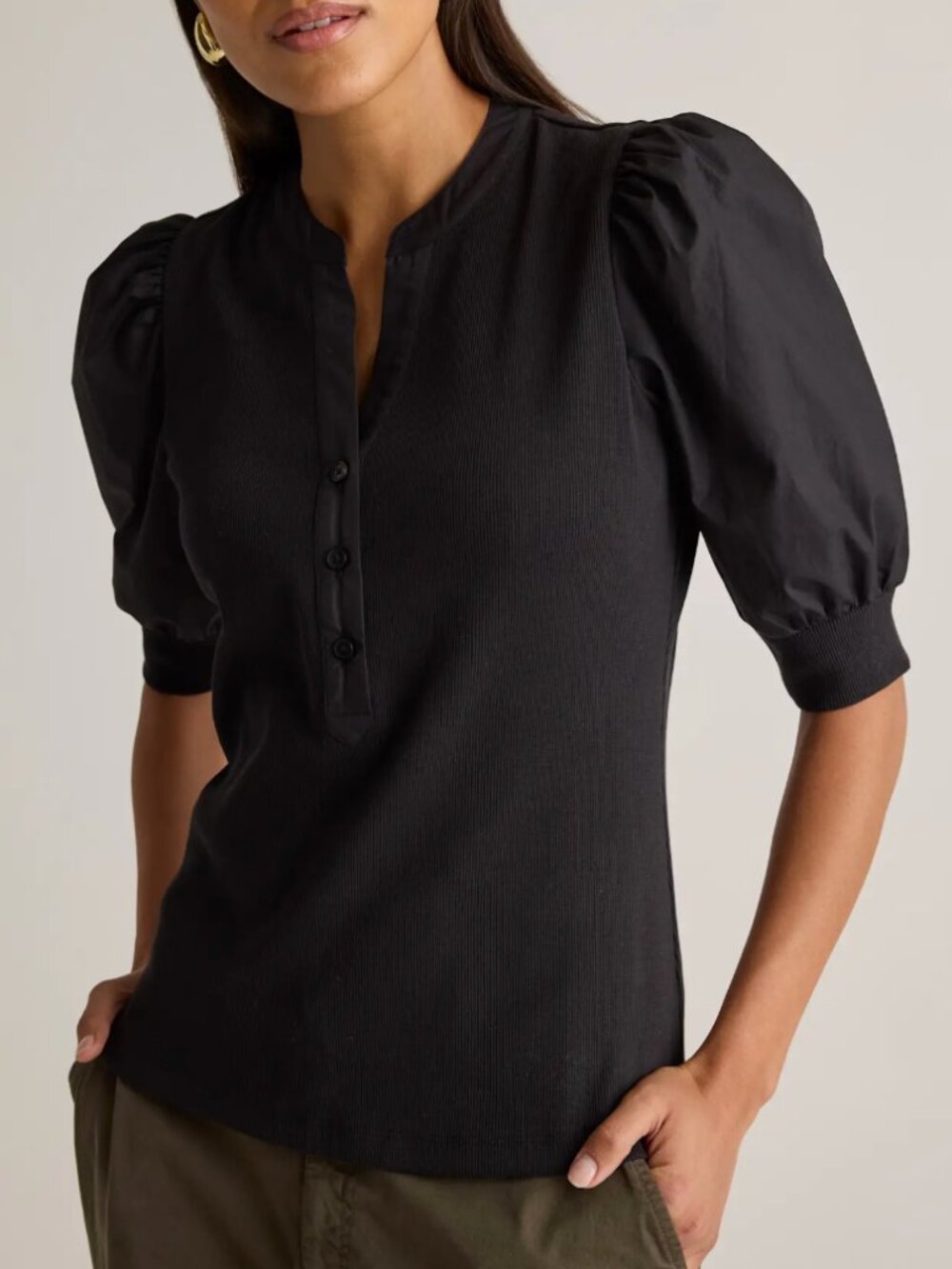 Quince Cotton Mixed Media Puff Sleeve Top Black XS NWOT